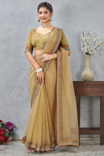 musturd color zirkon work border soft silk blend saree with blouse