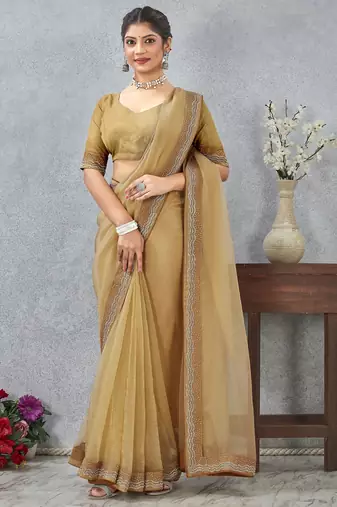 musturd color zirkon work border soft silk blend saree with blouse