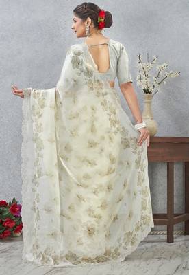 Mehandi color zirkon work border fendy satin digital print saree with blouse 5