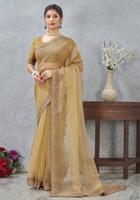 musturd color zirkon work border soft silk blend saree with blouse 3