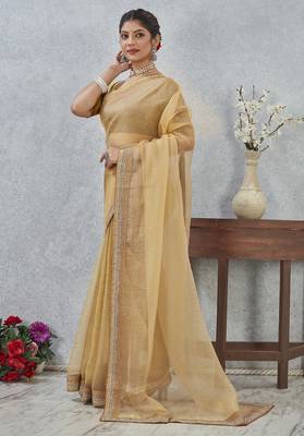 musturd color zirkon work border soft silk blend saree with blouse 4