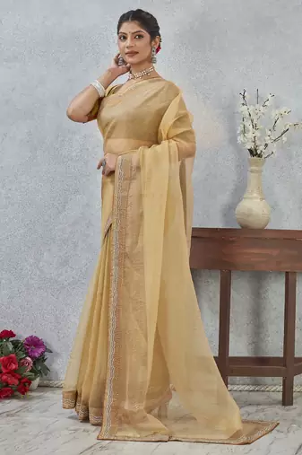 musturd color zirkon work border soft silk blend saree with blouse