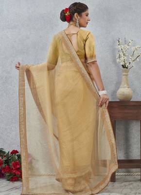 musturd color zirkon work border soft silk blend saree with blouse 5