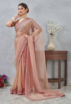 peach color zirkon work border soft silk blend saree with blouse 1