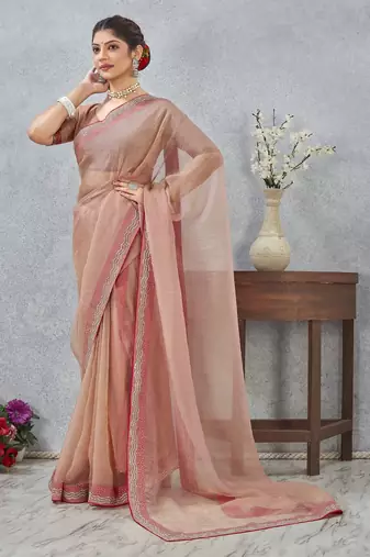 peach color zirkon work border soft silk blend saree with blouse