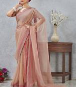 peach color zirkon work border soft silk blend saree with blouse