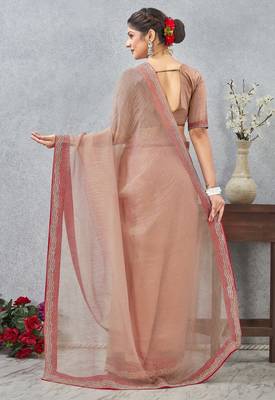 peach color zirkon work border soft silk blend saree with blouse 2