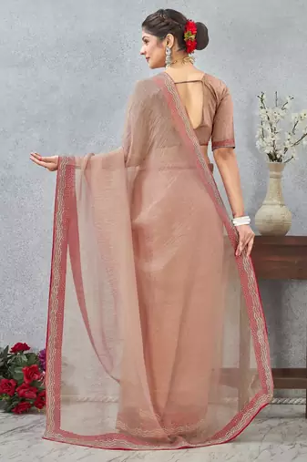 peach color zirkon work border soft silk blend saree with blouse