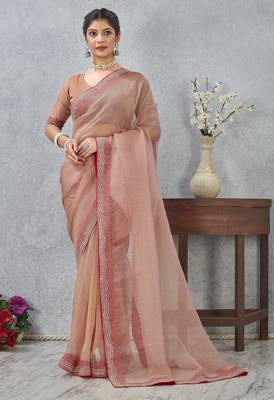 peach color zirkon work border soft silk blend saree with blouse 3