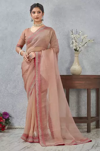 peach color zirkon work border soft silk blend saree with blouse