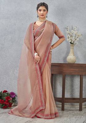 peach color zirkon work border soft silk blend saree with blouse 4