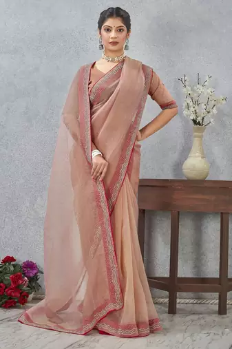 peach color zirkon work border soft silk blend saree with blouse