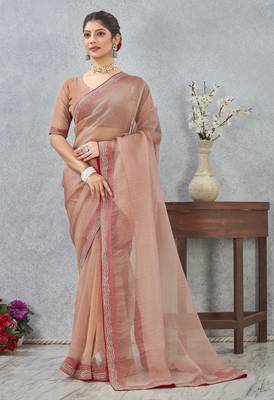 peach color zirkon work border soft silk blend saree with blouse 5