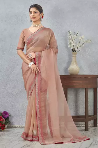 peach color zirkon work border soft silk blend saree with blouse