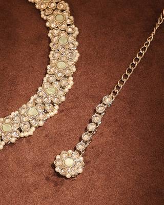 Flower design antique gold plated light green uncut kundan stone choker jewellery sets for women 3