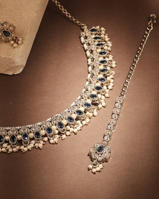 Pear shape pearl guchha antique gold plated blue uncut kundan stone choker jewellery sets for women 2