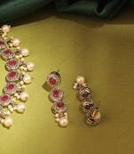 Round shape pearl guchha antique gold plated red kundan stone brass choker necklace set for women