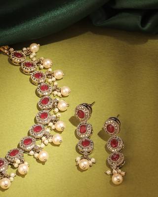 Round shape pearl guchha antique gold plated red kundan stone brass choker necklace set for women 2