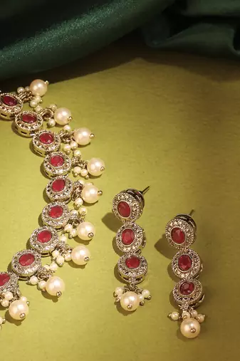 Round shape pearl guchha antique gold plated red kundan stone brass choker necklace set for women