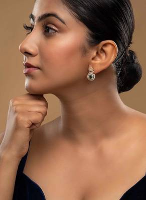green silver dangler earrings with polished stone work 1