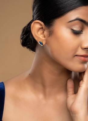 blue sterling silver stone work stud earrings with gold plated 2