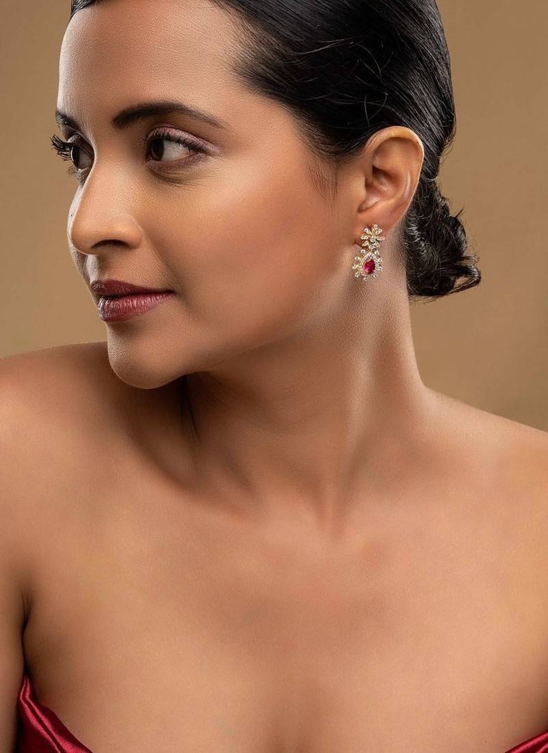 pink sterling silver dangler earrings with stone work
