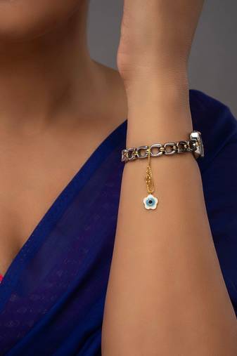 blue silver watch charm with gold plated stone work