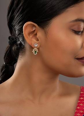 green silver dangler earrings with gold plated stone design 2