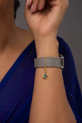 blue silver watch charm with gold plated stone design