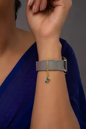 blue silver watch charm with gold plated stone design