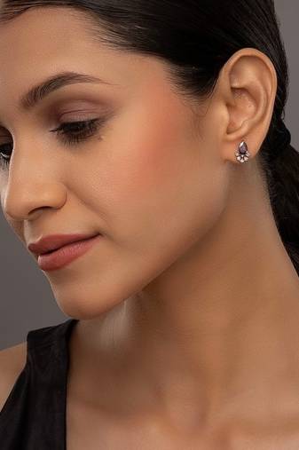 purple silver stud earrings with gold stone setting