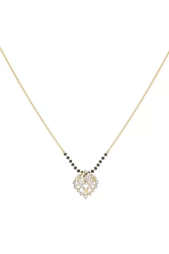 white silver mangalsutra featuring a black bead design and a gold pendant
