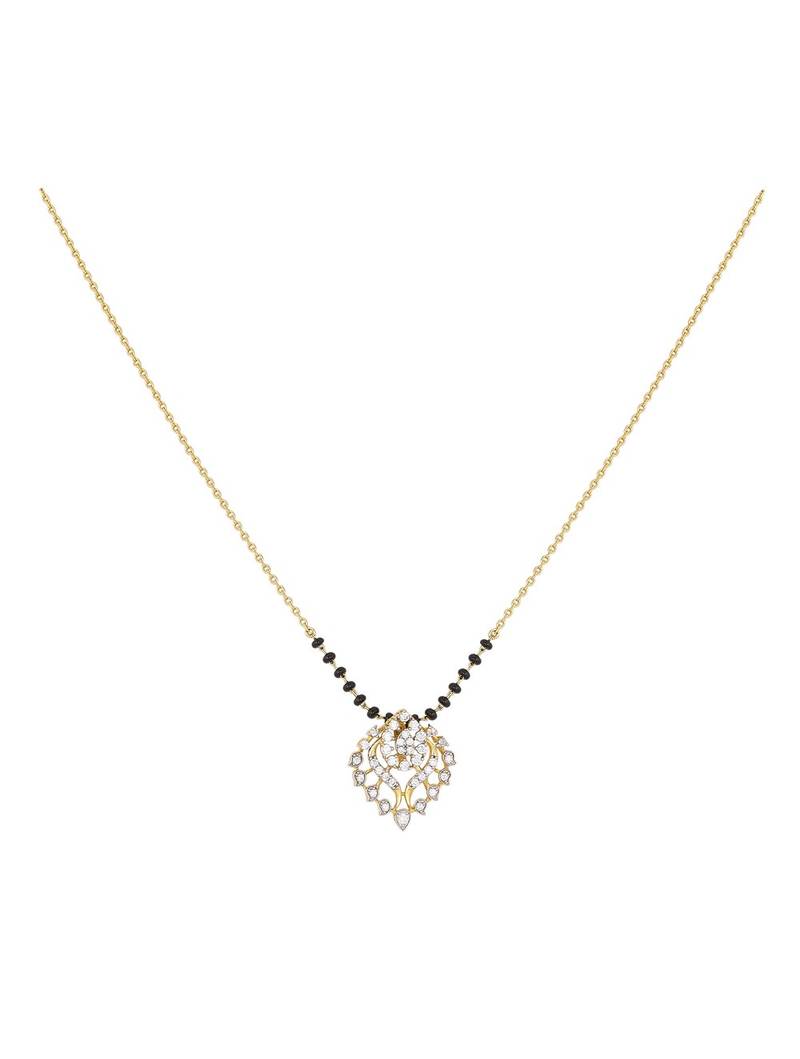 white silver mangalsutra featuring a black bead design and a gold pendant