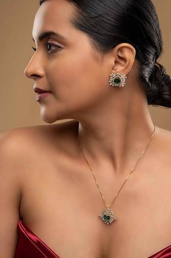 green silver necklace set with gold plated pendant