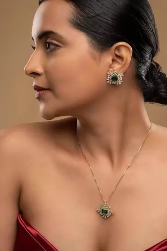 green silver necklace set with gold plated pendant