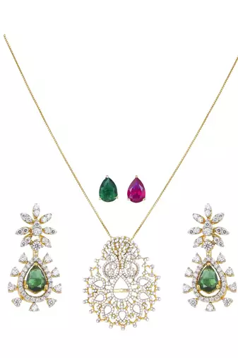green silver necklace set with gold plated pendant design