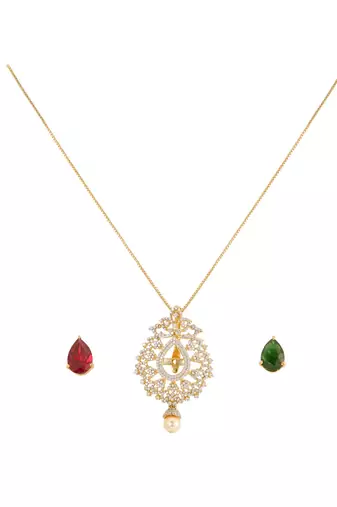 green silver pendant necklace with gold plated design