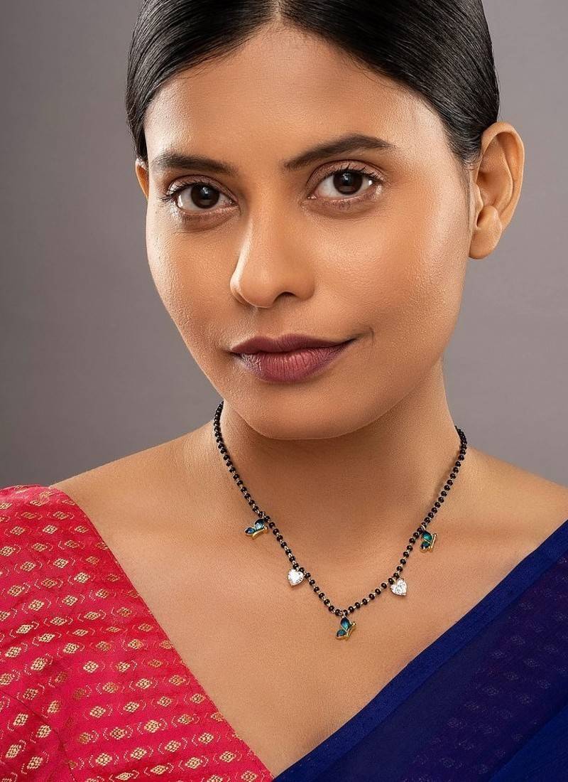 multicolor silver mangalsutra with blue stone gold chain