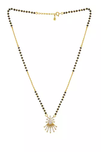 white tone silver mangalsutra with gold pendant and black beads