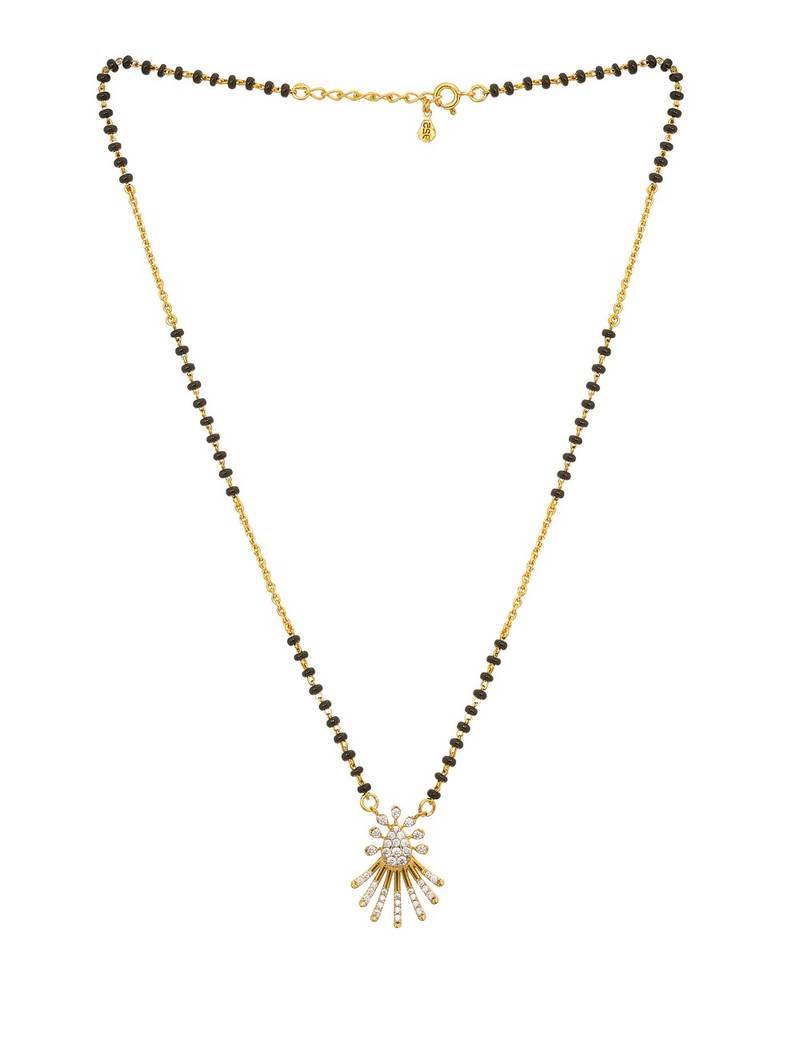 white tone silver mangalsutra with gold pendant and black beads