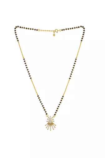 white tone silver mangalsutra with gold pendant and black beads
