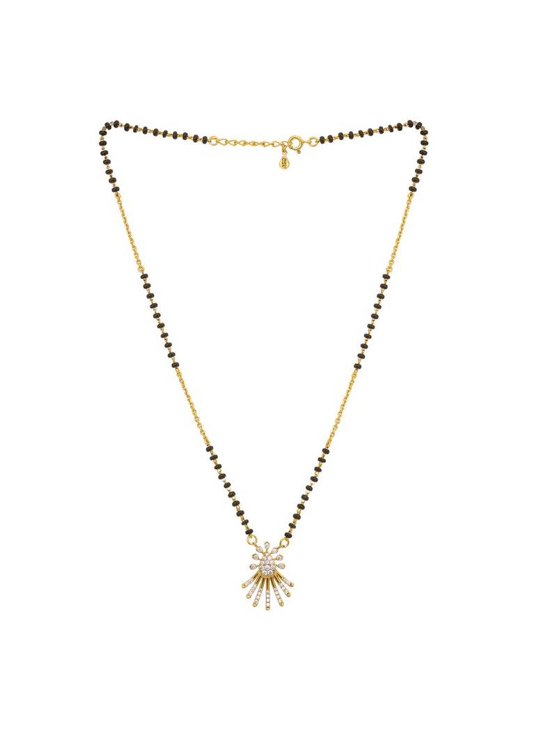 white tone silver mangalsutra with gold pendant and black beads