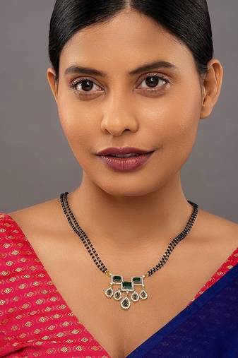 Gold plated green stone mangalsutra in sterling silver