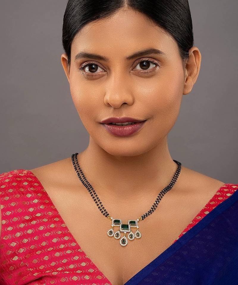 Gold plated green stone mangalsutra in sterling silver