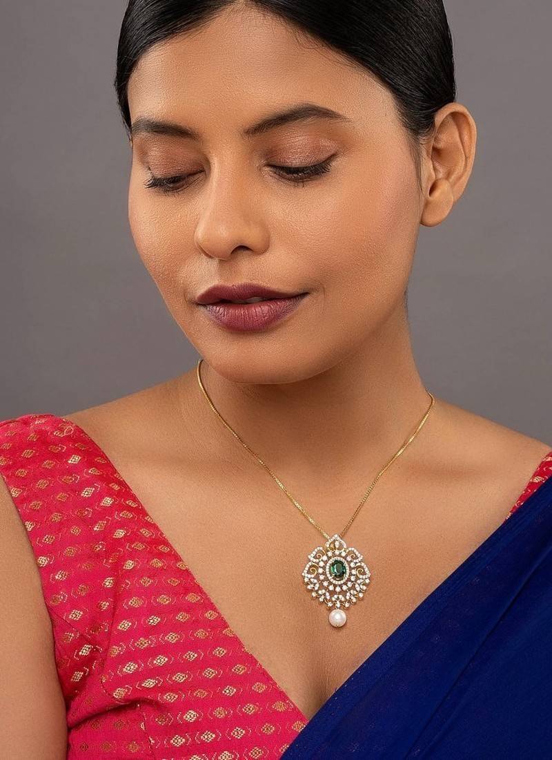 Gold plated green stone pendant necklace in sterling silver