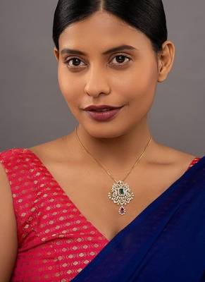 gold-plated emerald square pendant with ruby drop necklace 1