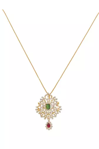 gold-plated emerald square pendant with ruby drop necklace