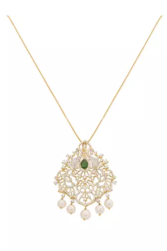 gold-plated green stone pearl drop filigree pendant necklace