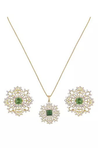gold-plated sterling silver green halo pendant set