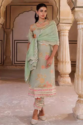 Green floral printed tissue kurta set